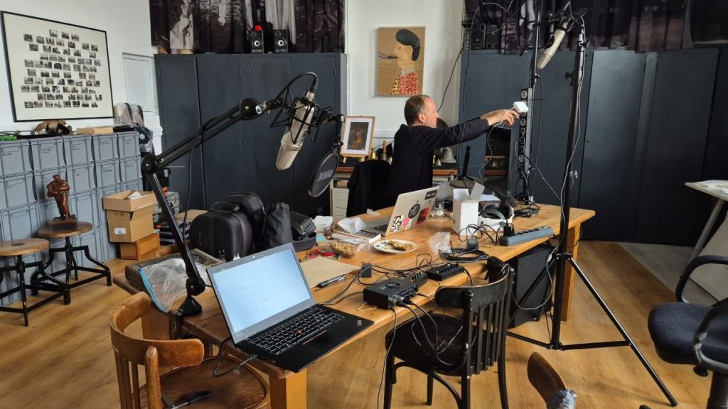 Working to set up the space, in and around